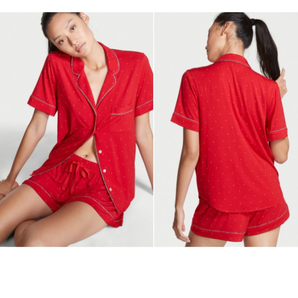 VS L Heavenly Modal Short PJ Set Red w/White Polka Dots NWT